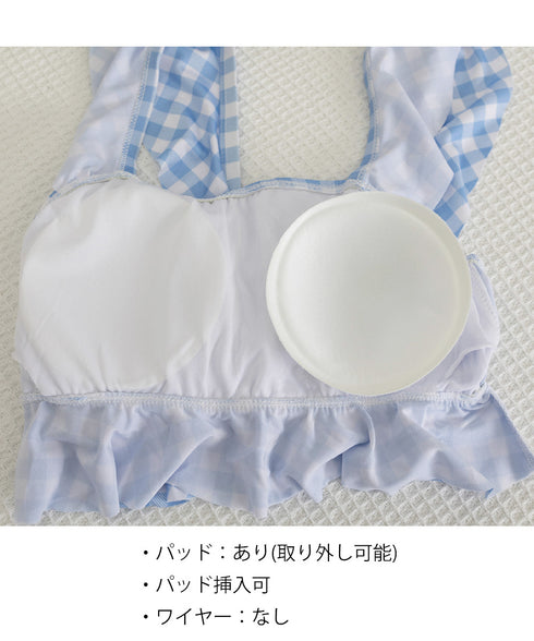 水着レディースフリルビキニ上下2点セット ギンガムチェックセパレート水着 スクエアネック ガーリータンキニ水着 おしゃれ 夏海プール水着 韓国風 ビスチェ風ビキニ 86MM-001