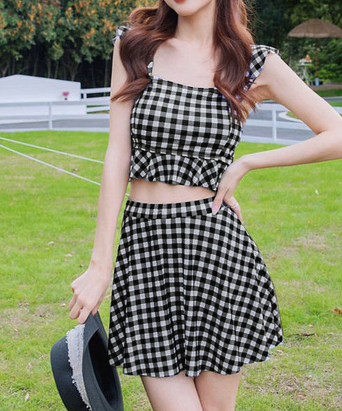 水着レディースフリルビキニ上下2点セット ギンガムチェックセパレート水着 スクエアネック ガーリータンキニ水着 おしゃれ 夏海プール水着 韓国風 ビスチェ風ビキニ 86MM-001