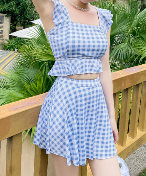水着レディースフリルビキニ上下2点セット ギンガムチェックセパレート水着 スクエアネック ガーリータンキニ水着 おしゃれ 夏海プール水着 韓国風 ビスチェ風ビキニ 86MM-001