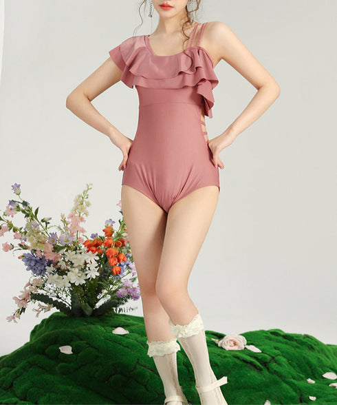 バックリボンワンショルモノキニパレオ付き ワンピース水着 レディース ラッフルフリル水着2点セット セクシーオフショル水着 着やせビーチウェア 海水浴水着リゾート 86MM-002