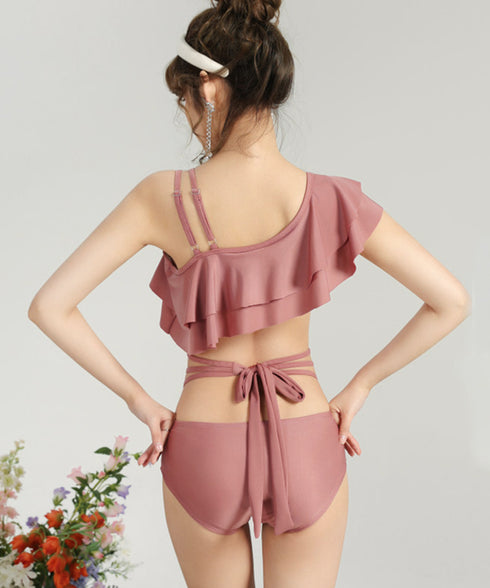 バックリボンワンショルモノキニパレオ付き ワンピース水着 レディース ラッフルフリル水着2点セット セクシーオフショル水着 着やせビーチウェア 海水浴水着リゾート 86MM-002