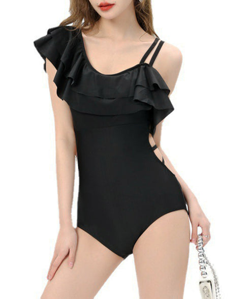 バックリボンワンショルモノキニパレオ付き ワンピース水着 レディース ラッフルフリル水着2点セット セクシーオフショル水着 着やせビーチウェア 海水浴水着リゾート 86MM-002