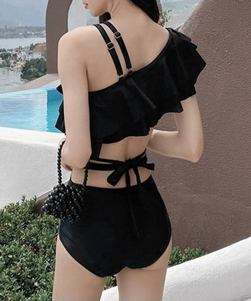 バックリボンワンショルモノキニパレオ付き ワンピース水着 レディース ラッフルフリル水着2点セット セクシーオフショル水着 着やせビーチウェア 海水浴水着リゾート 86MM-002