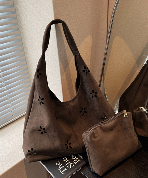 花柄カットスエード調トートバッグポーチ付 レディース フラワーカット手提げかばん おしゃれ肩掛けカバン レトロ スエードライクハンドバッグ 大人可愛い秋冬バッグ黒 86MXF-002