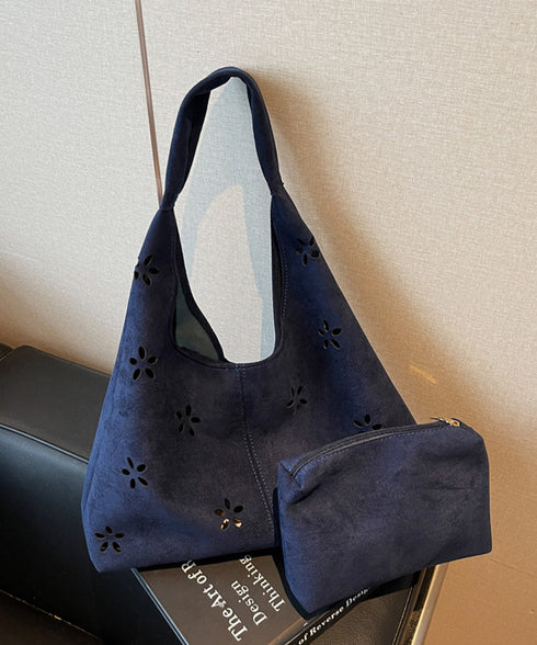 花柄カットスエード調トートバッグポーチ付 レディース フラワーカット手提げかばん おしゃれ肩掛けカバン レトロ スエードライクハンドバッグ 大人可愛い秋冬バッグ黒 86MXF-002