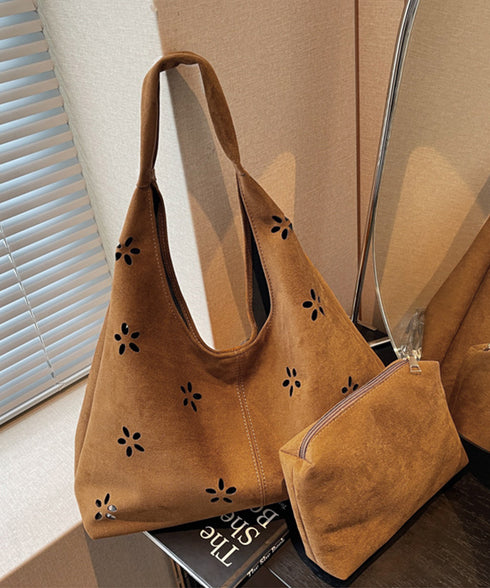 花柄カットスエード調トートバッグポーチ付 レディース フラワーカット手提げかばん おしゃれ肩掛けカバン レトロ スエードライクハンドバッグ 大人可愛い秋冬バッグ黒 86MXF-002