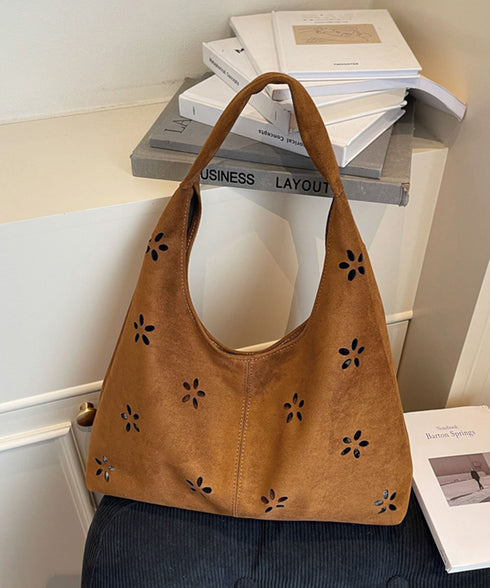 花柄カットスエード調トートバッグポーチ付 レディース フラワーカット手提げかばん おしゃれ肩掛けカバン レトロ スエードライクハンドバッグ 大人可愛い秋冬バッグ黒 86MXF-002