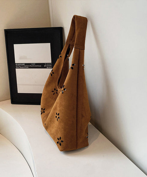 花柄カットスエード調トートバッグポーチ付 レディース フラワーカット手提げかばん おしゃれ肩掛けカバン レトロ スエードライクハンドバッグ 大人可愛い秋冬バッグ黒 86MXF-002