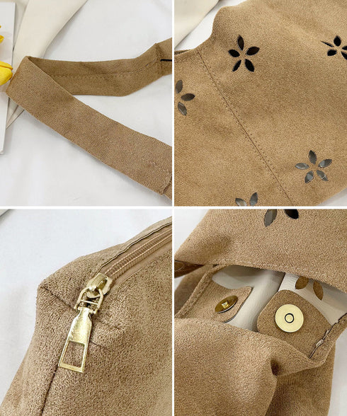 花柄カットスエード調トートバッグポーチ付 レディース フラワーカット手提げかばん おしゃれ肩掛けカバン レトロ スエードライクハンドバッグ 大人可愛い秋冬バッグ黒 86MXF-002