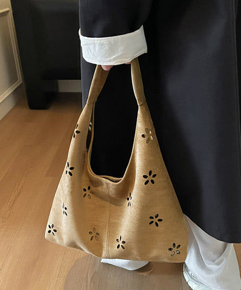 花柄カットスエード調トートバッグポーチ付 レディース フラワーカット手提げかばん おしゃれ肩掛けカバン レトロ スエードライクハンドバッグ 大人可愛い秋冬バッグ黒 86MXF-002