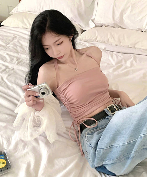 カップ付きキャミソール ホルターネック ブラトップ レディース サイドドローストリング下着 スリムフィット ノンワイヤー インナートップス レイヤードコーデ夏服 86MXUANBN-004