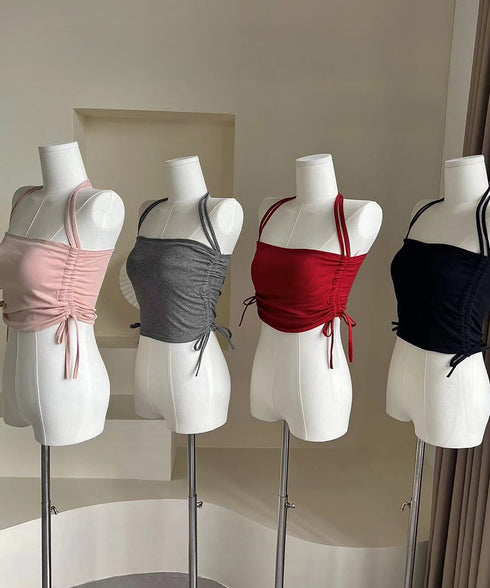 カップ付きキャミソール ホルターネック ブラトップ レディース サイドドローストリング下着 スリムフィット ノンワイヤー インナートップス レイヤードコーデ夏服 86MXUANBN-004