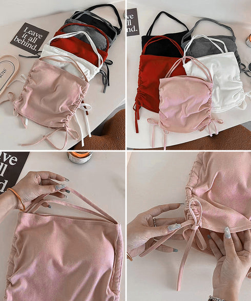 カップ付きキャミソール ホルターネック ブラトップ レディース サイドドローストリング下着 スリムフィット ノンワイヤー インナートップス レイヤードコーデ夏服 86MXUANBN-004