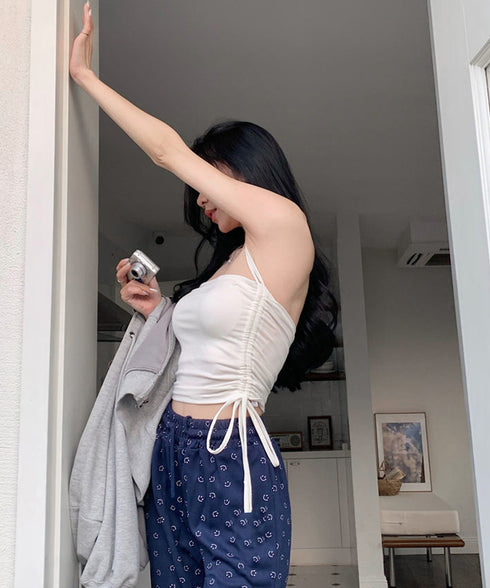 カップ付きキャミソール ホルターネック ブラトップ レディース サイドドローストリング下着 スリムフィット ノンワイヤー インナートップス レイヤードコーデ夏服 86MXUANBN-004