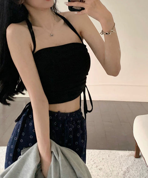 カップ付きキャミソール ホルターネック ブラトップ レディース サイドドローストリング下着 スリムフィット ノンワイヤー インナートップス レイヤードコーデ夏服 86MXUANBN-004