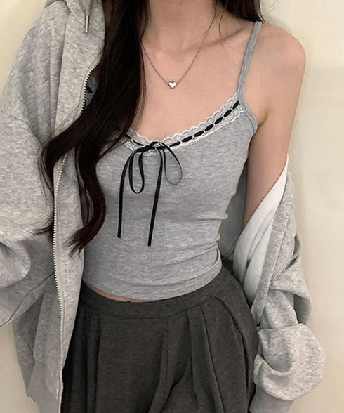 カップ付きキャミソールレーストリムキャミ レディース フロントリボンリブキャミ 着回し肌着 フィット ブラトップ おしゃれインナートップス フェミニン ブラキャミ 86MXUANBN-005