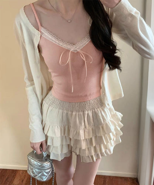 カップ付きキャミソールレーストリムキャミ レディース フロントリボンリブキャミ 着回し肌着 フィット ブラトップ おしゃれインナートップス フェミニン ブラキャミ 86MXUANBN-005