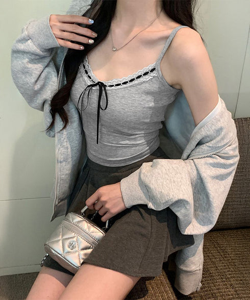 カップ付きキャミソールレーストリムキャミ レディース フロントリボンリブキャミ 着回し肌着 フィット ブラトップ おしゃれインナートップス フェミニン ブラキャミ 86MXUANBN-005