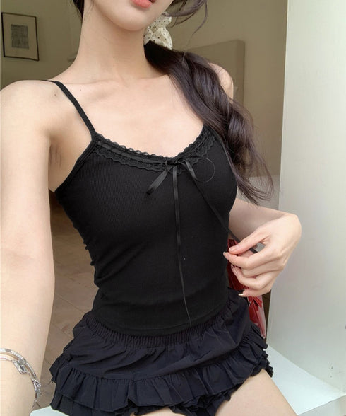カップ付きキャミソールレーストリムキャミ レディース フロントリボンリブキャミ 着回し肌着 フィット ブラトップ おしゃれインナートップス フェミニン ブラキャミ 86MXUANBN-005