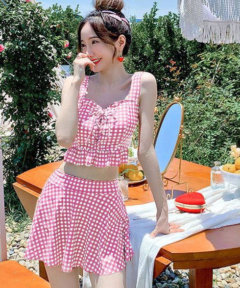 盛れる水着レディースビスチェビキニセット ハイウエストビキニ 大人可愛い セパレート水着 ギンガムチェック フリル水着 レースアップ ガーリー リゾート水着セット 86MXULANG-001