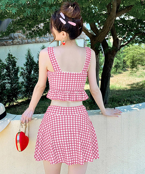 盛れる水着レディースビスチェビキニセット ハイウエストビキニ 大人可愛い セパレート水着 ギンガムチェック フリル水着 レースアップ ガーリー リゾート水着セット 86MXULANG-001
