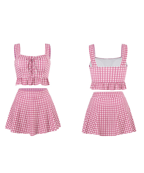 盛れる水着レディースビスチェビキニセット ハイウエストビキニ 大人可愛い セパレート水着 ギンガムチェック フリル水着 レースアップ ガーリー リゾート水着セット 86MXULANG-001