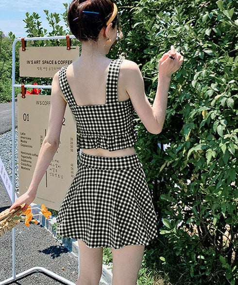 盛れる水着レディースビスチェビキニセット ハイウエストビキニ 大人可愛い セパレート水着 ギンガムチェック フリル水着 レースアップ ガーリー リゾート水着セット 86MXULANG-001