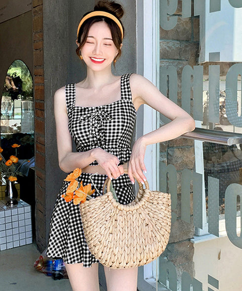 盛れる水着レディースビスチェビキニセット ハイウエストビキニ 大人可愛い セパレート水着 ギンガムチェック フリル水着 レースアップ ガーリー リゾート水着セット 86MXULANG-001