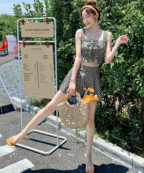 盛れる水着レディースビスチェビキニセット ハイウエストビキニ 大人可愛い セパレート水着 ギンガムチェック フリル水着 レースアップ ガーリー リゾート水着セット 86MXULANG-001