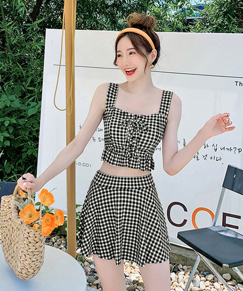 盛れる水着レディースビスチェビキニセット ハイウエストビキニ 大人可愛い セパレート水着 ギンガムチェック フリル水着 レースアップ ガーリー リゾート水着セット 86MXULANG-001
