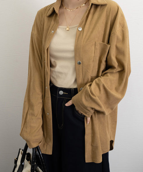 コーデュロイシャツ レディース長袖シャツ 秋冬ロングシャツカーディガン ゆったり ドロップショルダー コーデュロイチュニック体型カバー羽織り ライトアウター着やせ 86MYGL-001