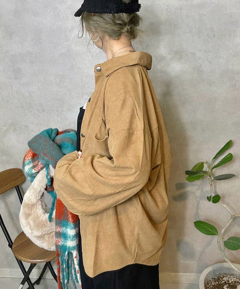 コーデュロイシャツ レディース長袖シャツ 秋冬ロングシャツカーディガン ゆったり ドロップショルダー コーデュロイチュニック体型カバー羽織り ライトアウター着やせ 86MYGL-001