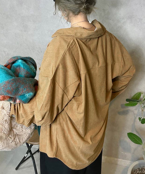 コーデュロイシャツ レディース長袖シャツ 秋冬ロングシャツカーディガン ゆったり ドロップショルダー コーデュロイチュニック体型カバー羽織り ライトアウター着やせ 86MYGL-001