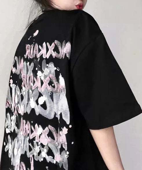 ロングtシャツ ビッグシルエットTシャツ ラウンドネックビッグtシャツ レディース プリント半袖Tシャツ ゆったり おしゃれカットソー グラフィック 五分袖ロゴT 86MYIMN-001