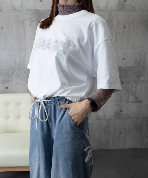 ロングtシャツ ビッグシルエットTシャツ ラウンドネックビッグtシャツ レディース プリント半袖Tシャツ ゆったり おしゃれカットソー グラフィック 五分袖ロゴT 86MYIMN-001