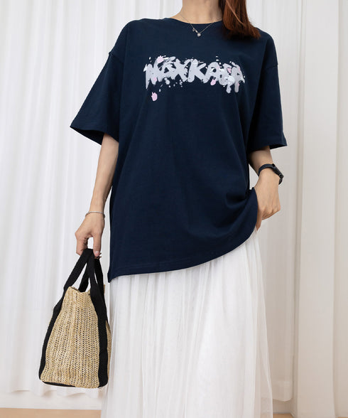 ロングtシャツ ビッグシルエットTシャツ ラウンドネックビッグtシャツ レディース プリント半袖Tシャツ ゆったり おしゃれカットソー グラフィック 五分袖ロゴT 86MYIMN-001