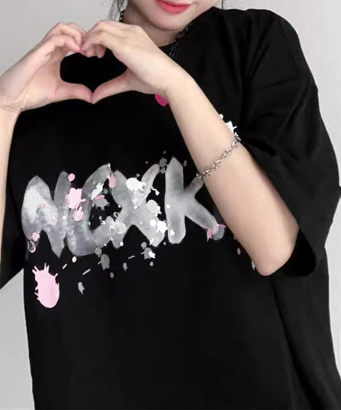 ロングtシャツ ビッグシルエットTシャツ ラウンドネックビッグtシャツ レディース プリント半袖Tシャツ ゆったり おしゃれカットソー グラフィック 五分袖ロゴT 86MYIMN-001