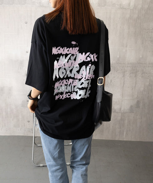 ロングtシャツ ビッグシルエットTシャツ ラウンドネックビッグtシャツ レディース プリント半袖Tシャツ ゆったり おしゃれカットソー グラフィック 五分袖ロゴT 86MYIMN-001