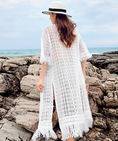 クロシェ編みロングカーディガン ゆったり 裾フリンジ ビキニカバー 透かし編み カーディガン スリット入り 体型カバーガウン レディース 薄手 レースサマーカーデ 86MYMN-001