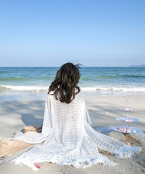 クロシェ編みロングカーディガン ゆったり 裾フリンジ ビキニカバー 透かし編み カーディガン スリット入り 体型カバーガウン レディース 薄手 レースサマーカーデ 86MYMN-001