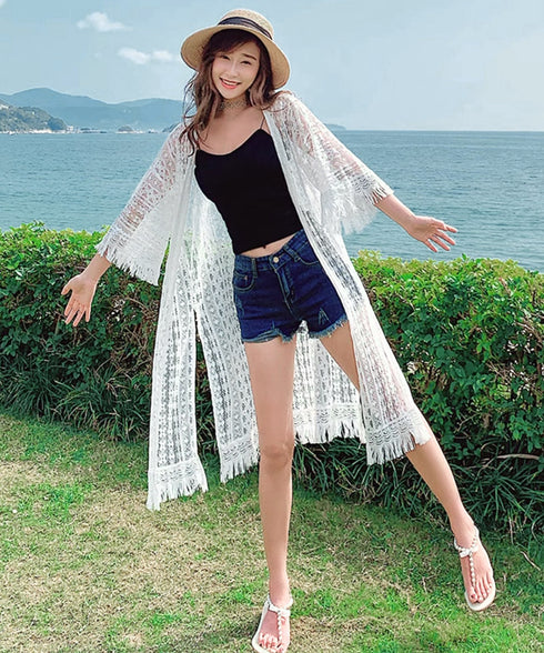クロシェ編みロングカーディガン ゆったり 裾フリンジ ビキニカバー 透かし編み カーディガン スリット入り 体型カバーガウン レディース 薄手 レースサマーカーデ 86MYMN-001
