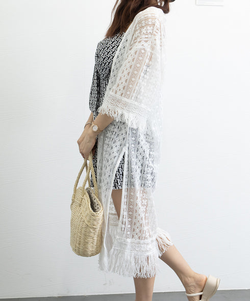 クロシェ編みロングカーディガン ゆったり 裾フリンジ ビキニカバー 透かし編み カーディガン スリット入り 体型カバーガウン レディース 薄手 レースサマーカーデ 86MYMN-001