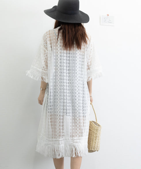 クロシェ編みロングカーディガン ゆったり 裾フリンジ ビキニカバー 透かし編み カーディガン スリット入り 体型カバーガウン レディース 薄手 レースサマーカーデ 86MYMN-001