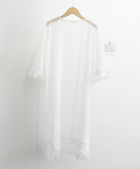 クロシェ編みロングカーディガン ゆったり 裾フリンジ ビキニカバー 透かし編み カーディガン スリット入り 体型カバーガウン レディース 薄手 レースサマーカーデ 86MYMN-001