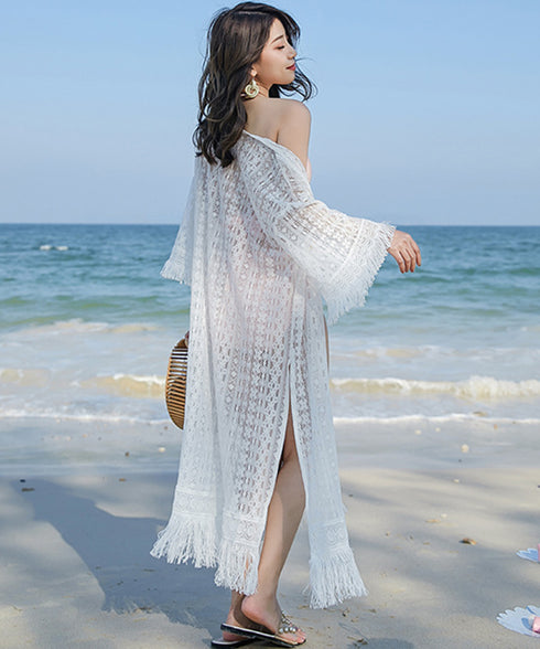 クロシェ編みロングカーディガン ゆったり 裾フリンジ ビキニカバー 透かし編み カーディガン スリット入り 体型カバーガウン レディース 薄手 レースサマーカーデ 86MYMN-001