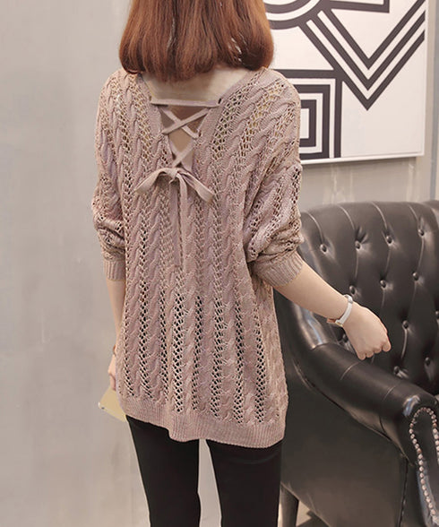 バッグレースアップ 透かし編みニット レディース Vネック クロシェ編み ニットプルオーバー ゆったり サマーニット 体型カバー 長袖メッシュニット セクシー 86MZHILING-001