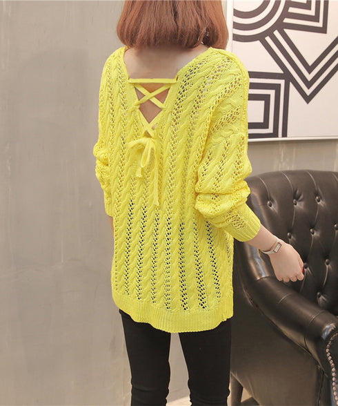 バッグレースアップ 透かし編みニット レディース Vネック クロシェ編み ニットプルオーバー ゆったり サマーニット 体型カバー 長袖メッシュニット セクシー 86MZHILING-001