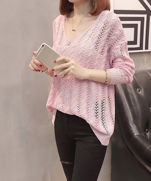 バッグレースアップ 透かし編みニット レディース Vネック クロシェ編み ニットプルオーバー ゆったり サマーニット 体型カバー 長袖メッシュニット セクシー 86MZHILING-001