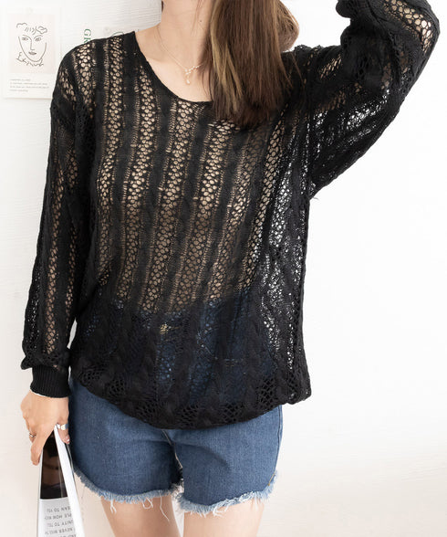 バッグレースアップ 透かし編みニット レディース Vネック クロシェ編み ニットプルオーバー ゆったり サマーニット 体型カバー 長袖メッシュニット セクシー 86MZHILING-001