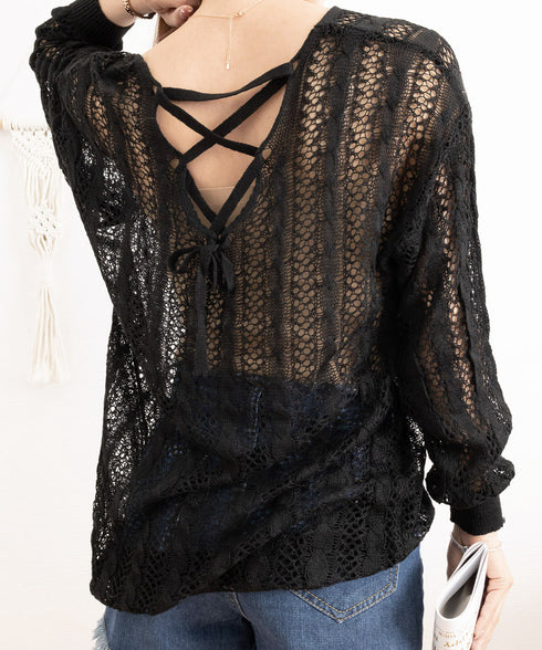 バッグレースアップ 透かし編みニット レディース Vネック クロシェ編み ニットプルオーバー ゆったり サマーニット 体型カバー 長袖メッシュニット セクシー 86MZHILING-001